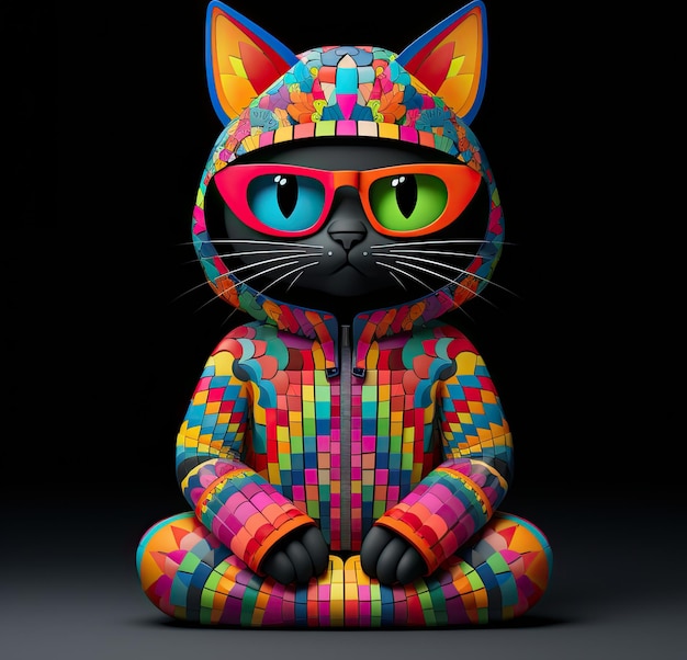 カラフルなジャケットとメガネをかけた猫のai画像生成