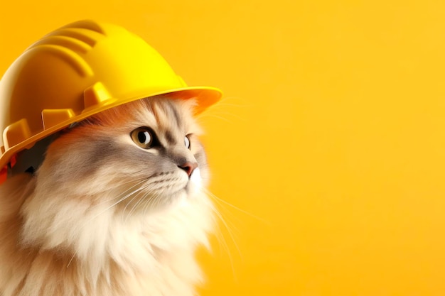 Cat wearing construction helmet on yellow background ai generative