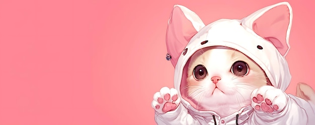 a cat wearing a costume with a pink background that says  hello kitty