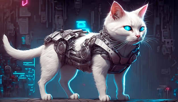 cat wearing cyber jacket cyberpunk