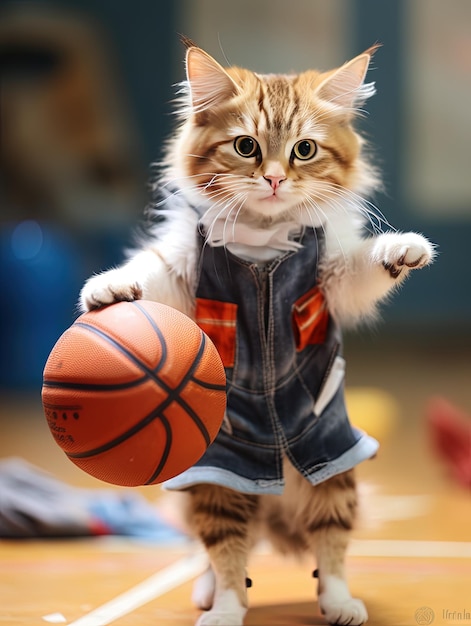 a cat wearing a denim jacket holds a basketball