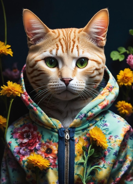 cat wearing embellished hoodie with flowers 4k