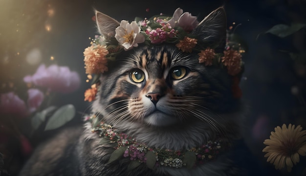 A cat wearing a flower crown