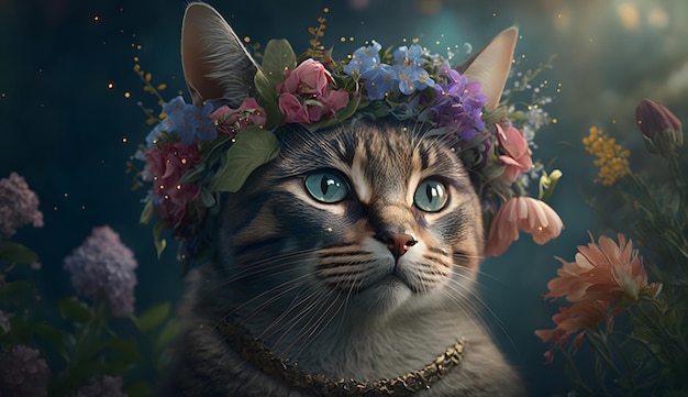 A cat wearing a flower crown