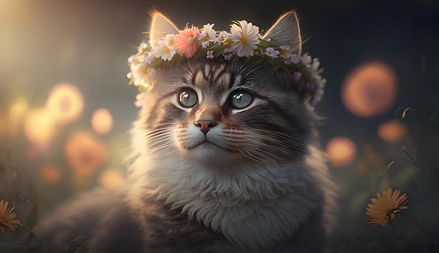 A cat wearing a flower crown