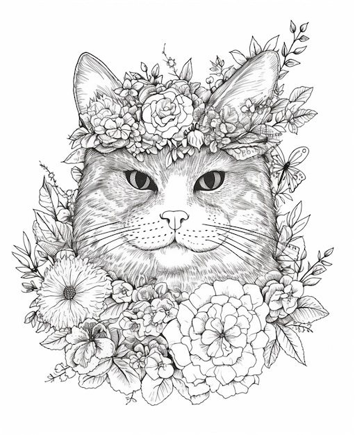 A cat wearing a flower crown.