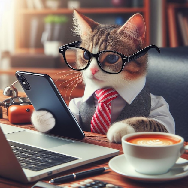 a cat wearing glasses conducting business with a laptop