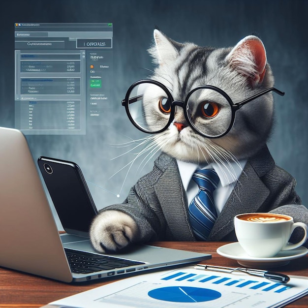 안경을 쓴 고양이가 노트북으로 사업을 하고 있다