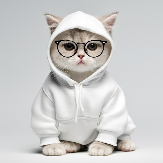 a cat wearing glasses and a hoodie with a hoodie on it