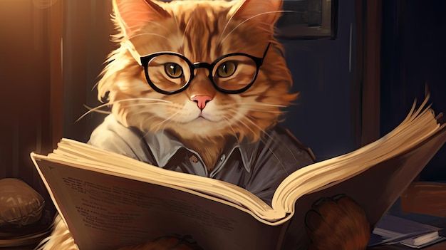 a cat wearing glasses is reading a book.