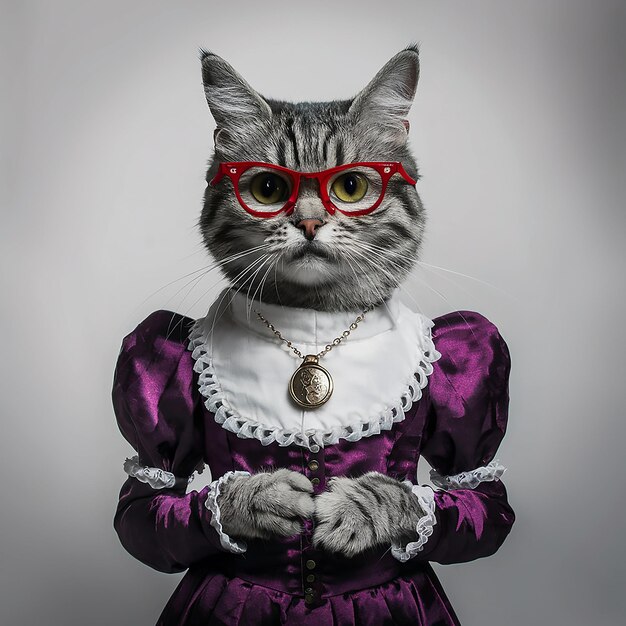 a cat wearing glasses and a necklace with a necklace on it