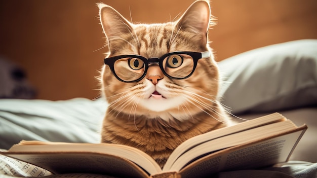 a cat wearing glasses reading a book with a book titled " the cat is reading "