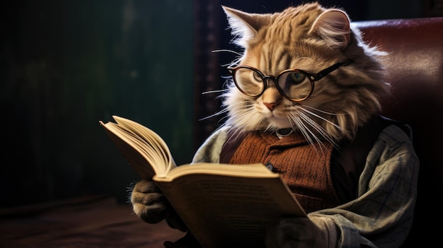 a cat wearing glasses reading a book with a cat in the background.