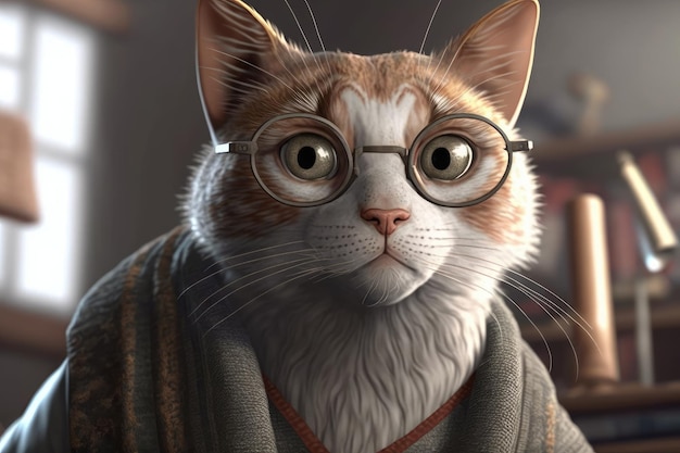 A cat wearing glasses and a robe with the word cat on it.