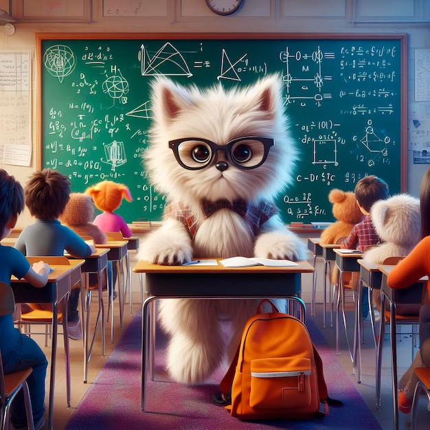 Photo a cat wearing glasses sits at a desk in a classroom with a backpack on it