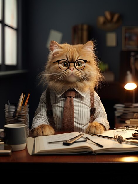 a cat wearing glasses sits at a desk with a book and a book on it