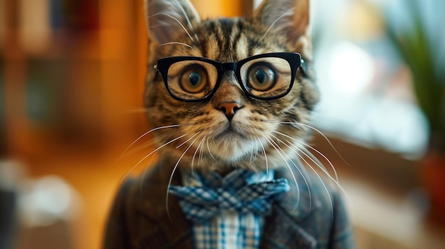 A cat wearing glasses and a suit with bow tie ai