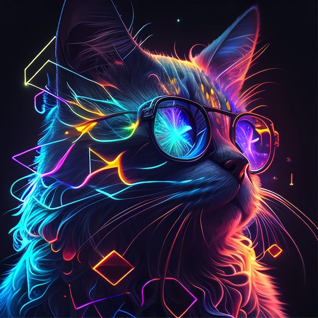 cat wearing glasses with geometric space art futuristic album cover style neon