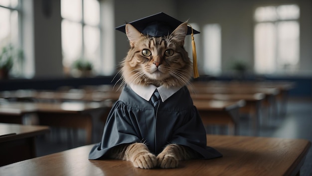 a cat wearing a graduation cap sits on a table