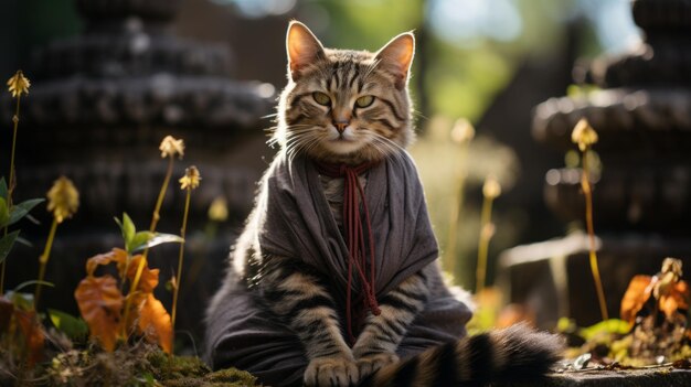 Cat wearing a gray robe sits in a garden