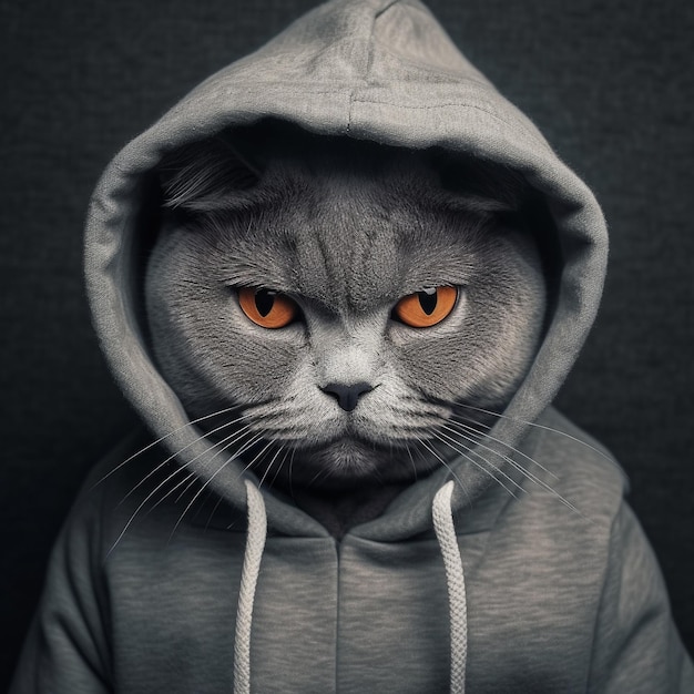 "고양이는 주황색 눈을 하고 있다"라고 적힌 회색 후드티를 입은 고양이