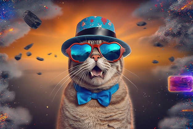 A cat wearing a hat and bow tie with a bow tie and glasses