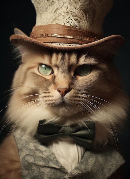 A cat wearing a hat and a bow tie