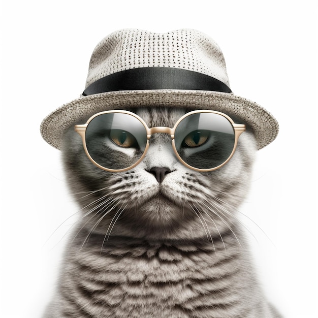 A cat wearing a hat and glasses and a straw hat.