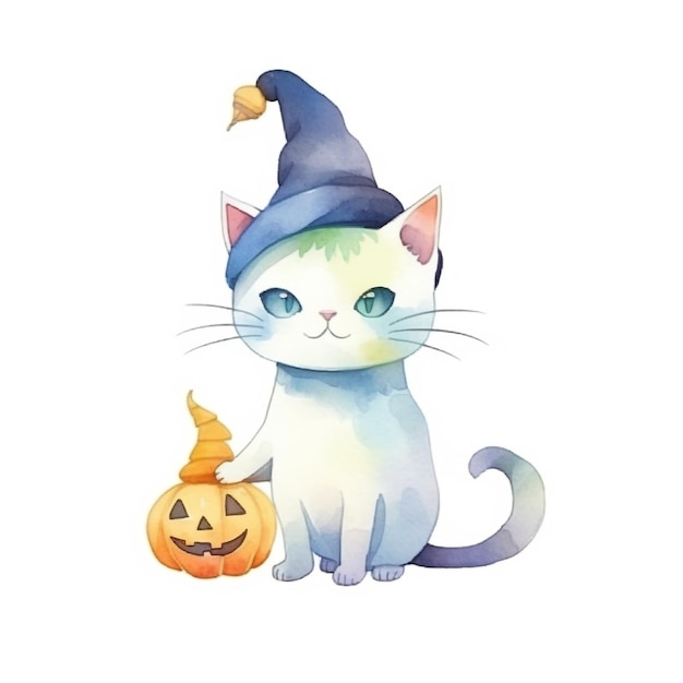 A cat wearing a hat and holding a pumpkin.