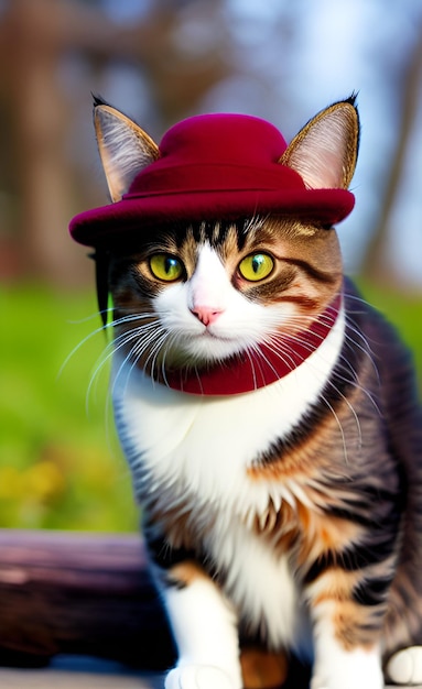 A cat wearing a hat and a scarf that says cat