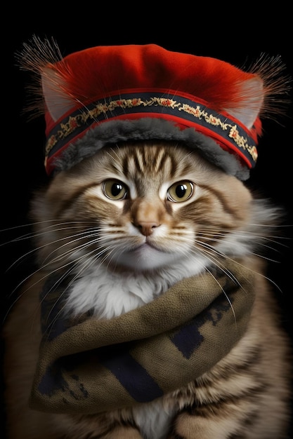 A cat wearing a hat and a scarf with the word cat on it