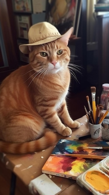 A cat wearing a hat sits on a table next to a painting.