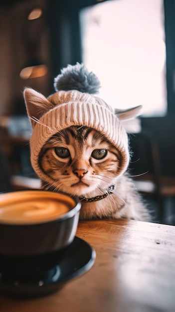 A cat wearing a hat sitting next to a cup of coffee Generative AI image