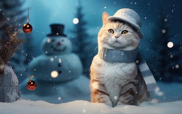 a cat wearing a hat and a snowman in the background