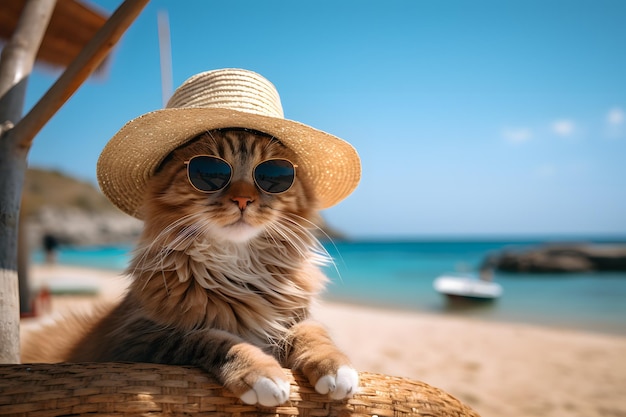 A cat wearing a hat and sunglasses on the beach