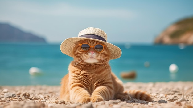 Cat wearing a hat and sunglasses on the beach