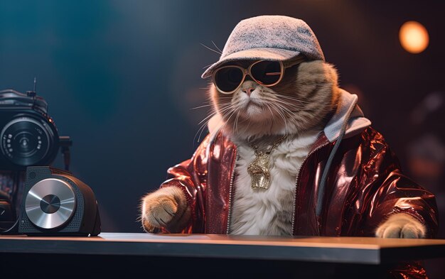 a cat wearing a hat and sunglasses sits at a desk with a microphone