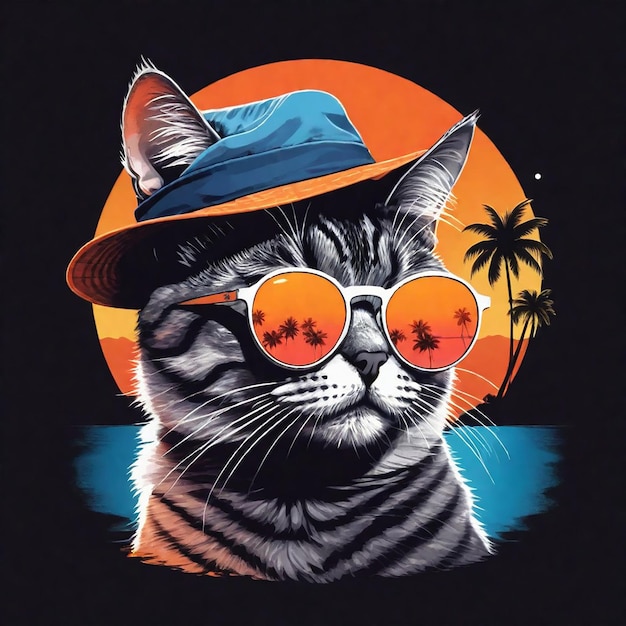 a cat wearing a hat and sunglasses with a palm tree in the background