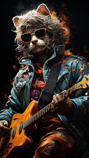 A cat wearing headphones is playing a guitar