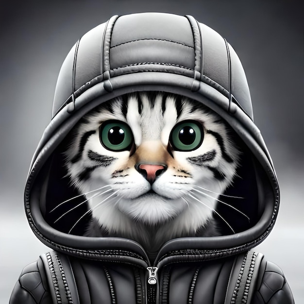 A cat wearing a hoodie that has the word cat on it.