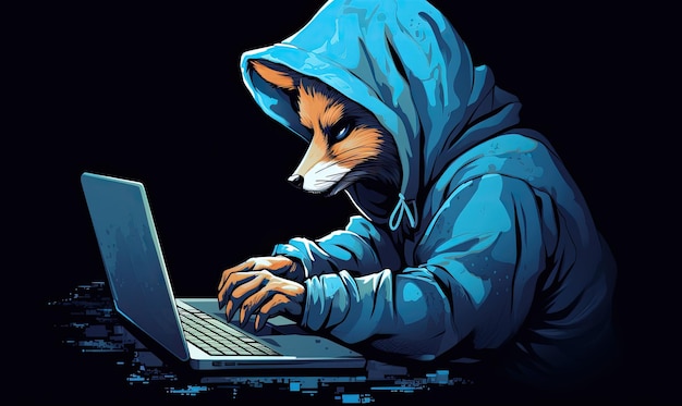 A cat wearing a hoodie using a laptop