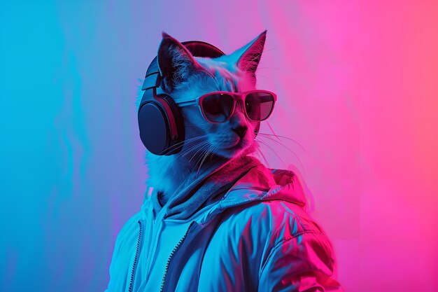 A cat wearing jacket and headphone under neon light generative ai