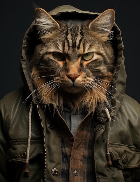 A cat wearing a jacket and looking at the camera ai