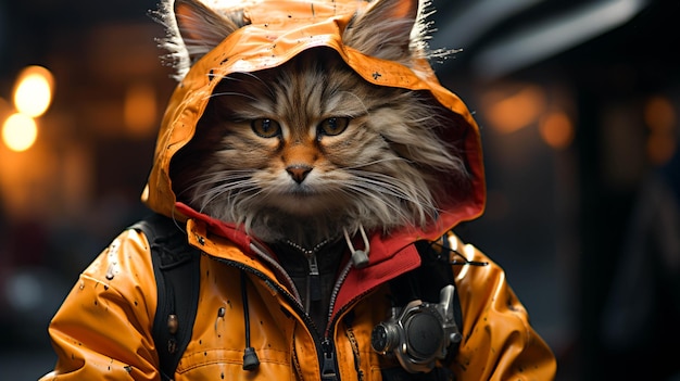 A cat wearing a jacket on the road