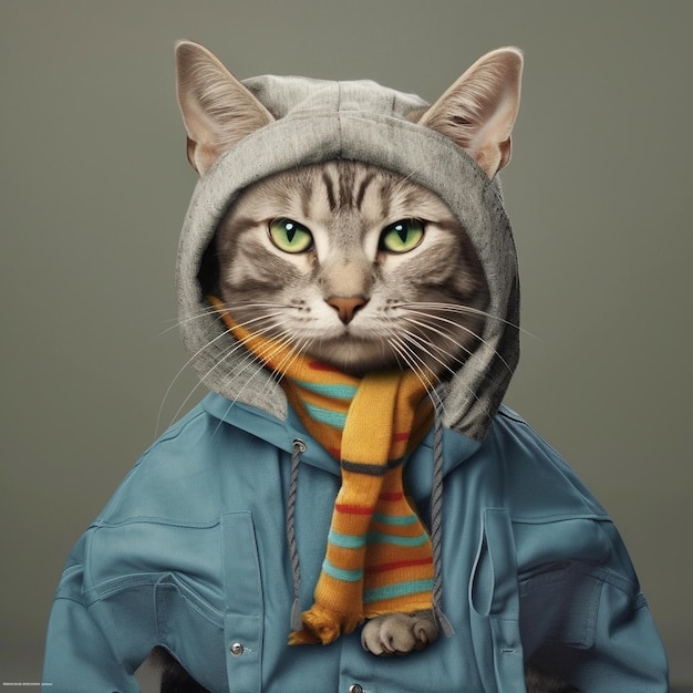고양이 따옴표의 이름을 인용하는 재킷을 입은 고양이