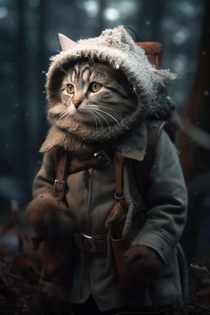 a cat wearing a jacket with a fur hat and a fur hat