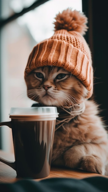 A cat wearing a knitted hat sitting next to a cup of coffee Generative AI image