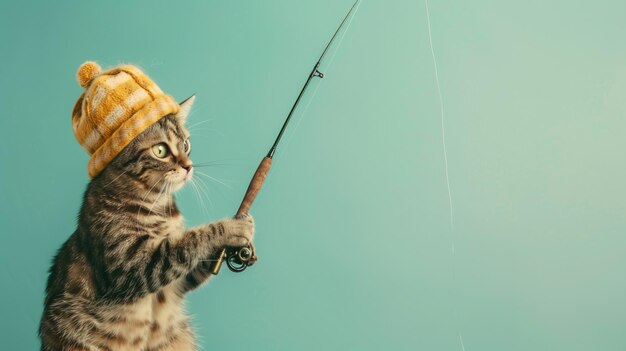 写真 ニットの帽子をかぶった猫は青い背景に釣り竿を握って後ろ足の上に立っています