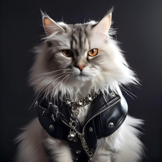 A cat wearing a leather jacket and a leather jacket.