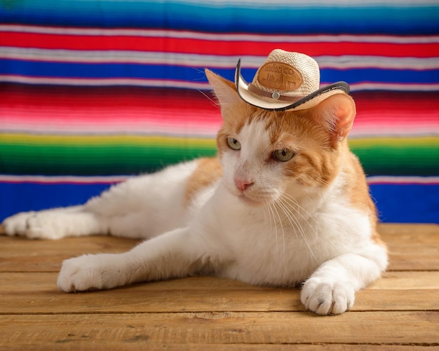 Cat wearing Mexican hat with serape in background Cinco de Mayo background